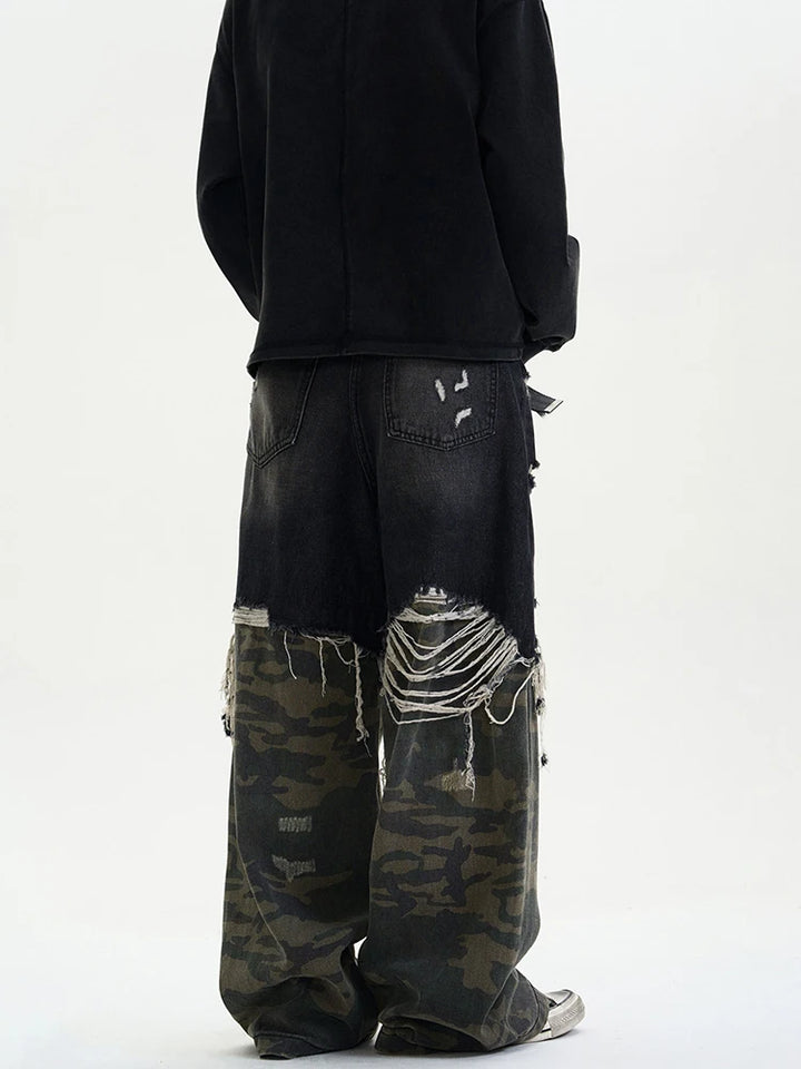 Camouflage Spliced Denim Pants