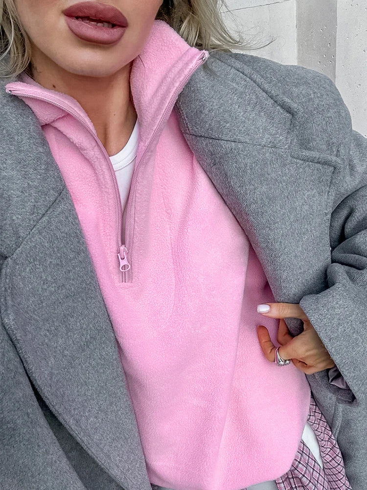 Solid Polar Fleece Hoodie with Zipper Lapel