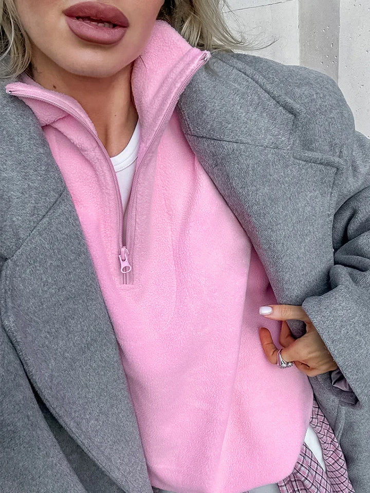 Solid Polar Fleece Hoodie with Zipper Lapel