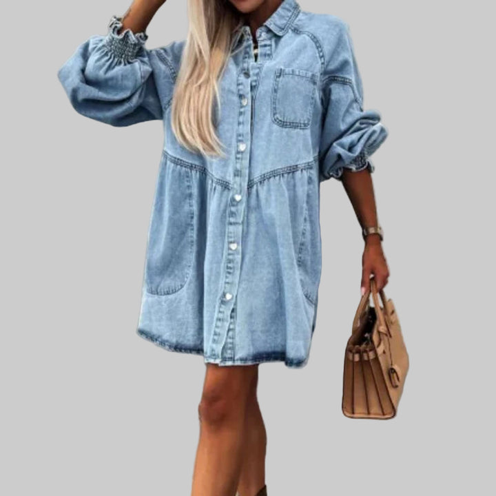 High Waist Denim Dress with Lapel