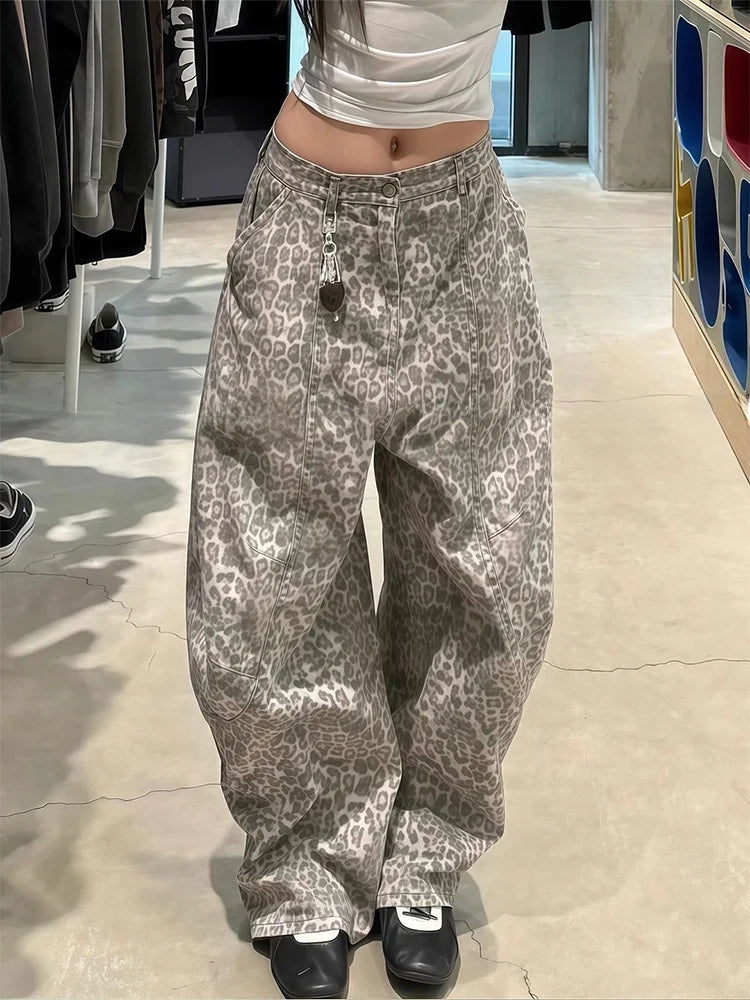 American Retro Stitching Leopard Print Pants