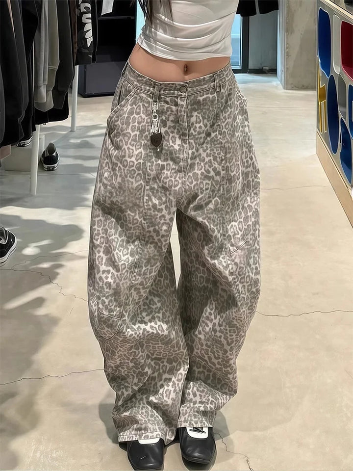 American Retro Stitching Leopard Print Pants