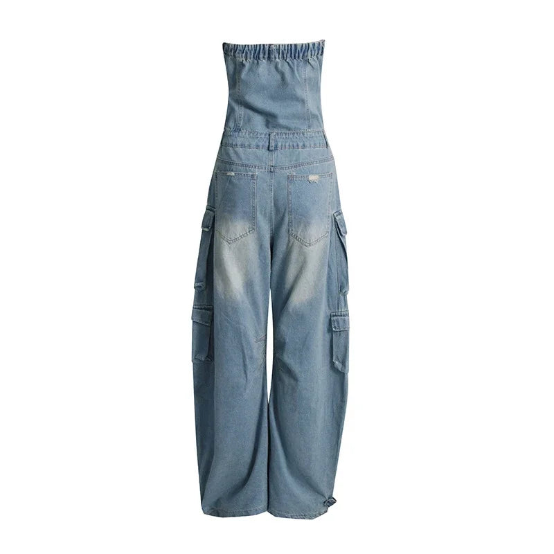 Ripped Multi Pocket Denim Jumpsuit