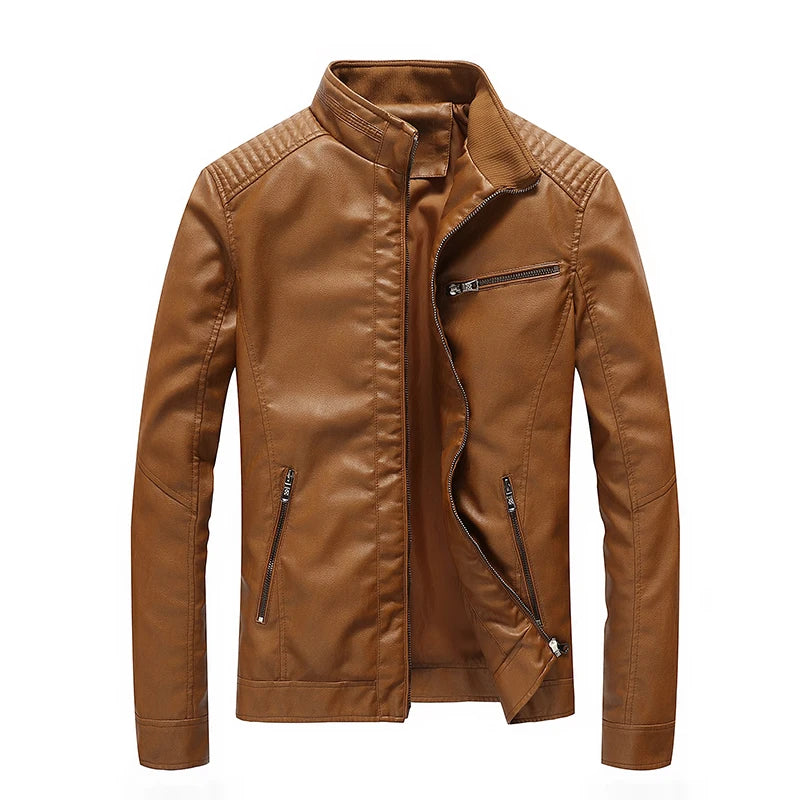 Slim Fit PU Leather Stand Collar Motorcycle Jacket