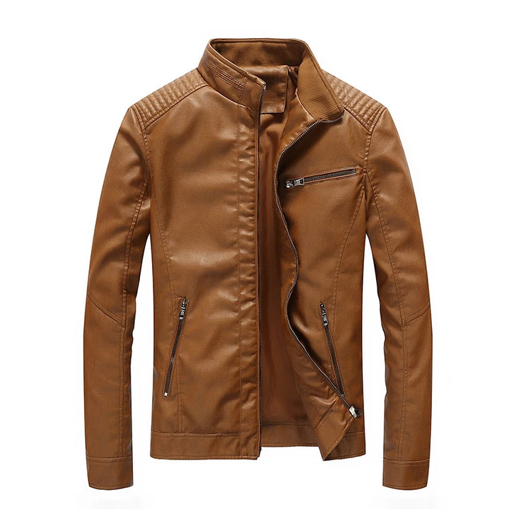 Slim Fit PU Leather Stand Collar Motorcycle Jacket