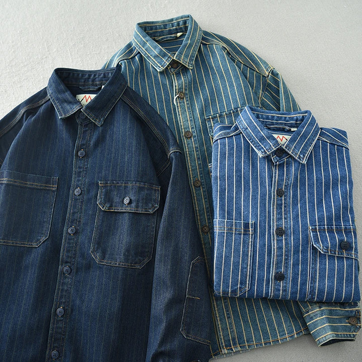 Loose-Fit Washed Striped Denim Shirt