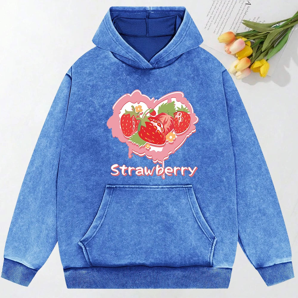 Y2K Heart Strawberry Print Washed Hoodie Streetwear