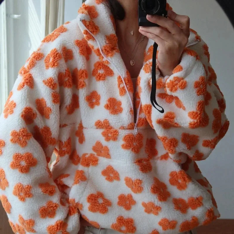 Floral Print Faux Lamb Wool Hoodie with Zipper Pocket