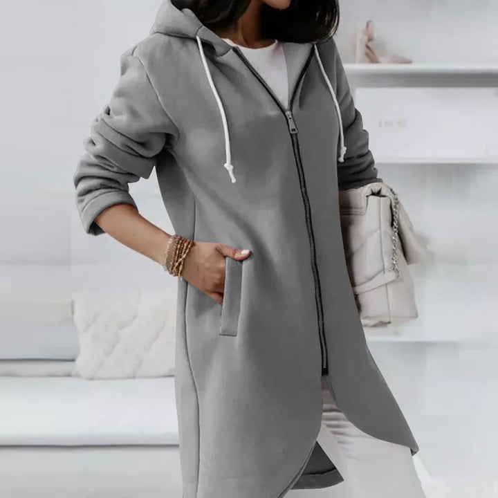 Long Hooded Zip-Up Solid Color Sweatshirt