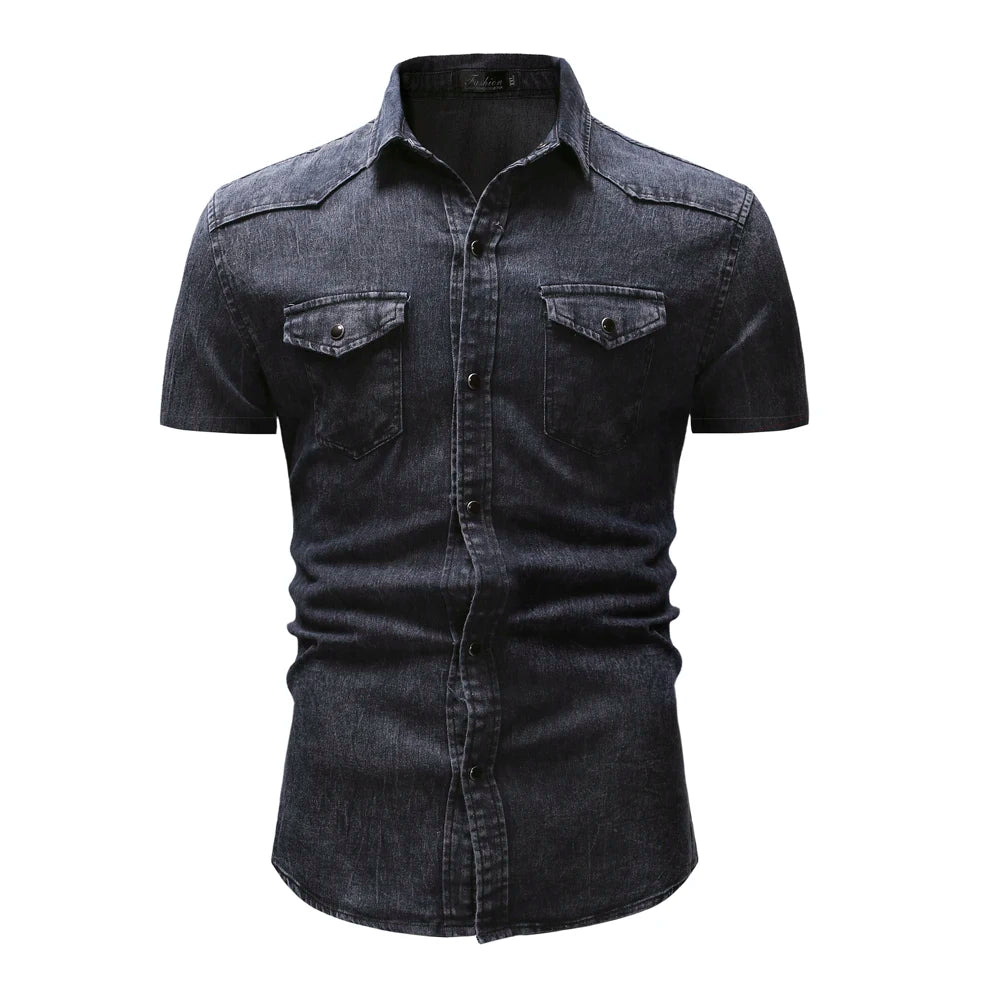 Slim Fit Solid Color Short Sleeve Denim Shirt