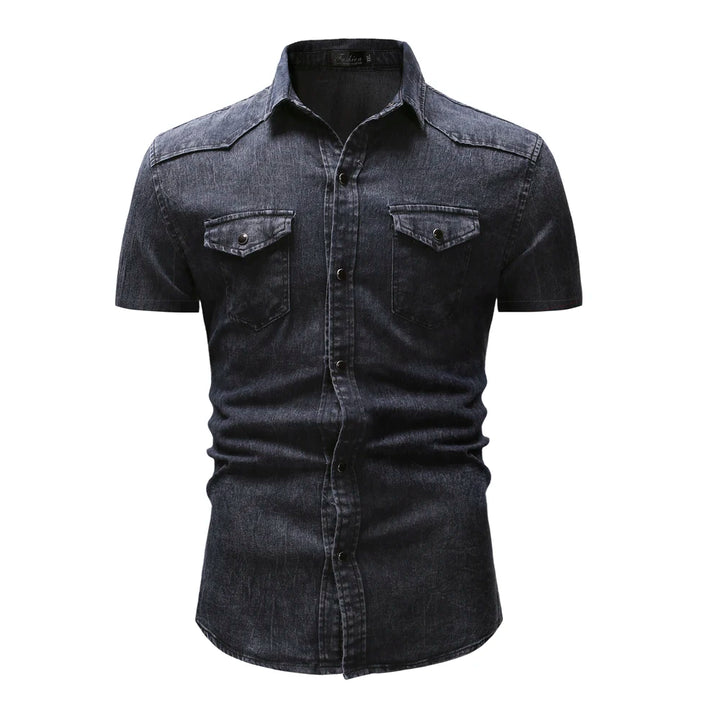 Slim Fit Solid Color Short Sleeve Denim Shirt