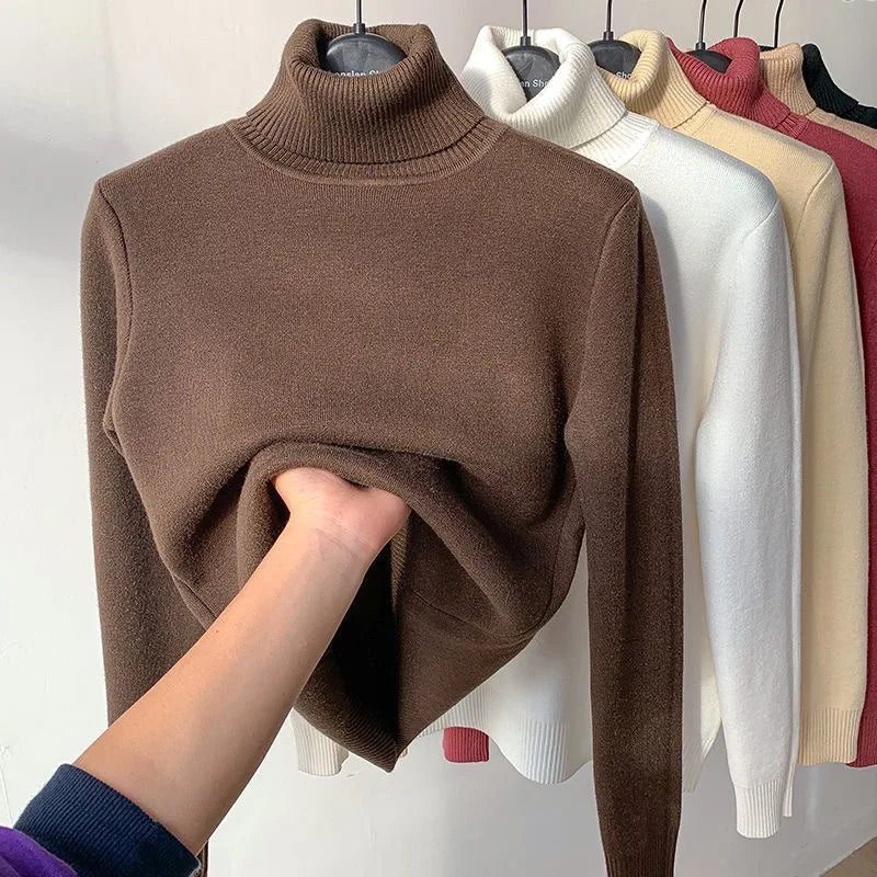 Elegant Women's Thick Velvet Lined Turtleneck Sweater
