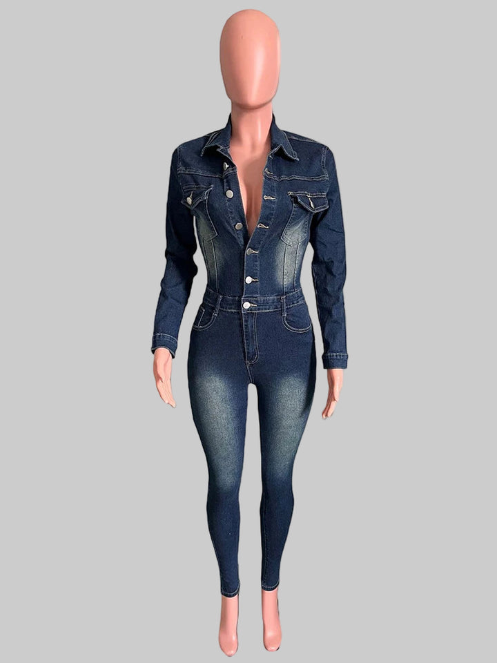 Sexy One-Piece Collared Long Sleeve Slim Overalls
