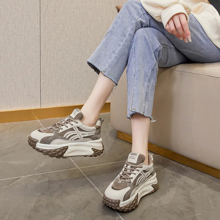 Natural Leather Wedge Plush Chunky Sneakers