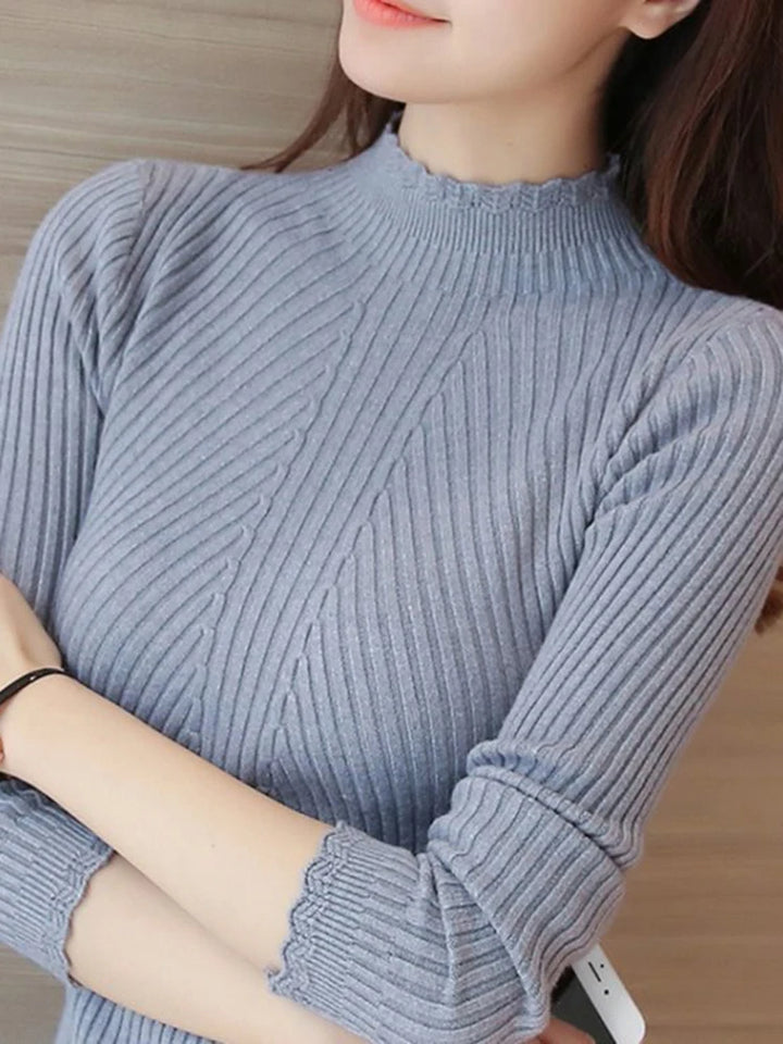 Knitted Mock Neck Ruffled Sweater