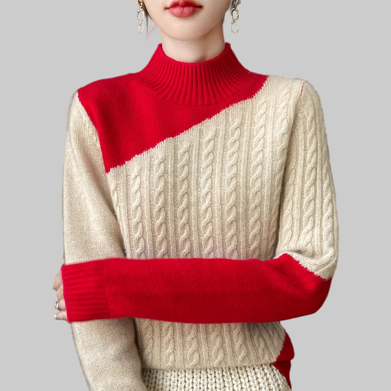100% Merino Wool Color-Blocked Mock Neck Pullover Sweater