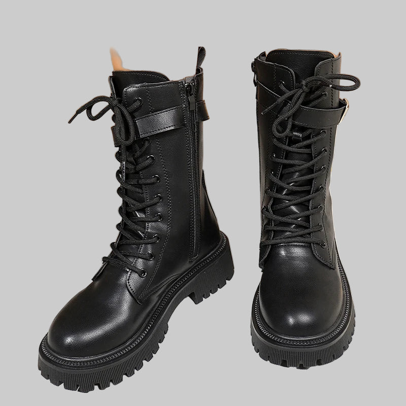 Fashionable Mid-Calf PU Leather Combat Boots with Buckle Strap
