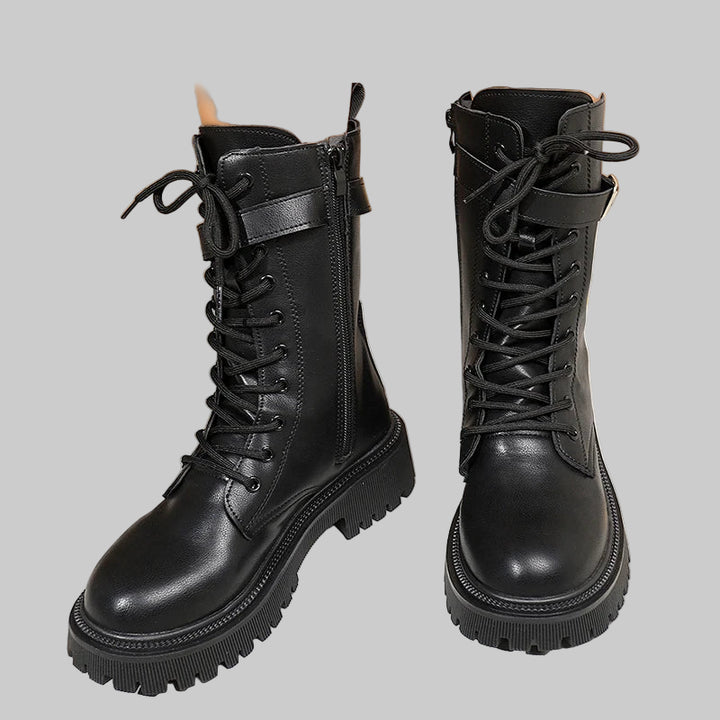 Fashionable Mid-Calf PU Leather Combat Boots with Buckle Strap