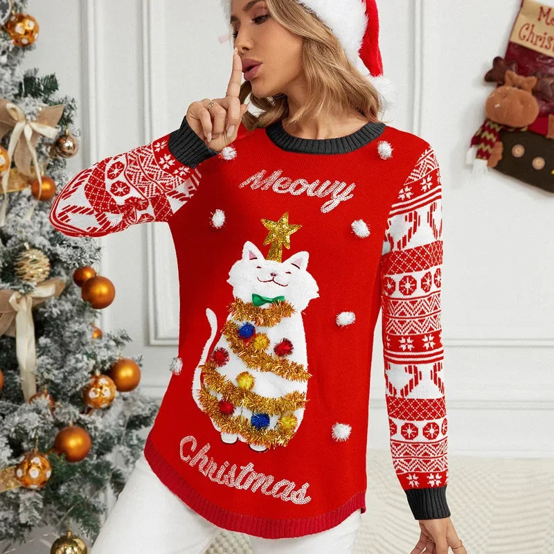 Y2k 3D Cartoon Cat Knitted Xmas Sweater