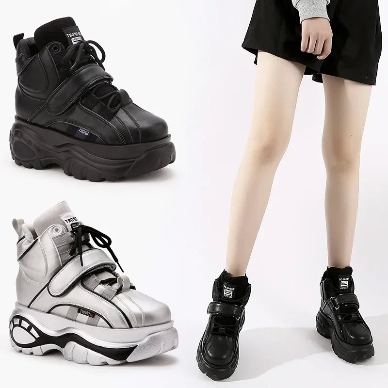Genuine Leather High Top Wedge Chunky Sneakers