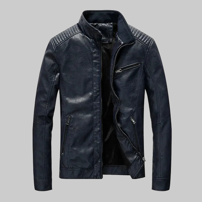 Slim Fit PU Leather Stand Collar Motorcycle Jacket