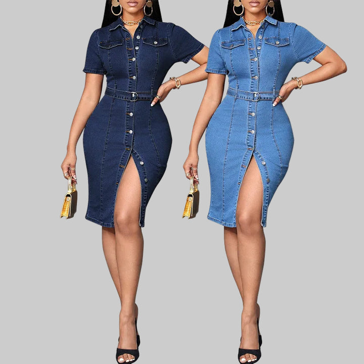 Short Sleeve V-neck Bodycon Midi Shirt Dress