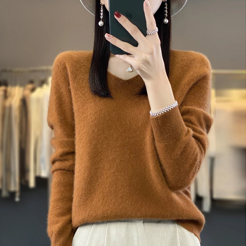 100% Pure Merino Wool V-Neck Autumn Winter Sweater