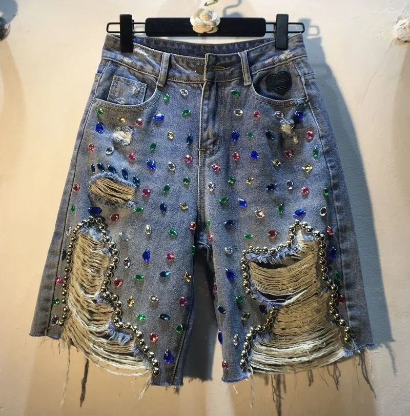 High-Waisted Distressed Denim Shorts with Diamond Accents