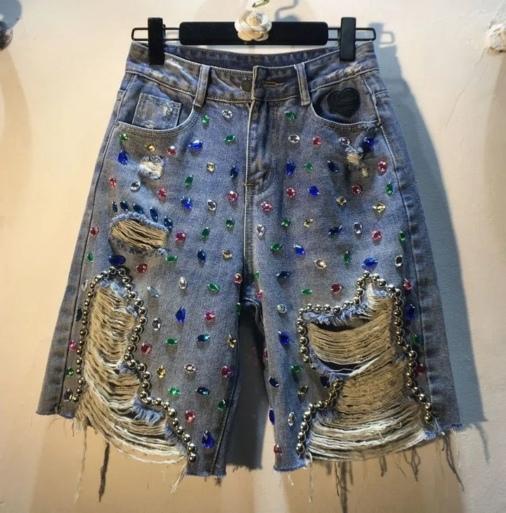 High-Waisted Distressed Denim Shorts with Diamond Accents
