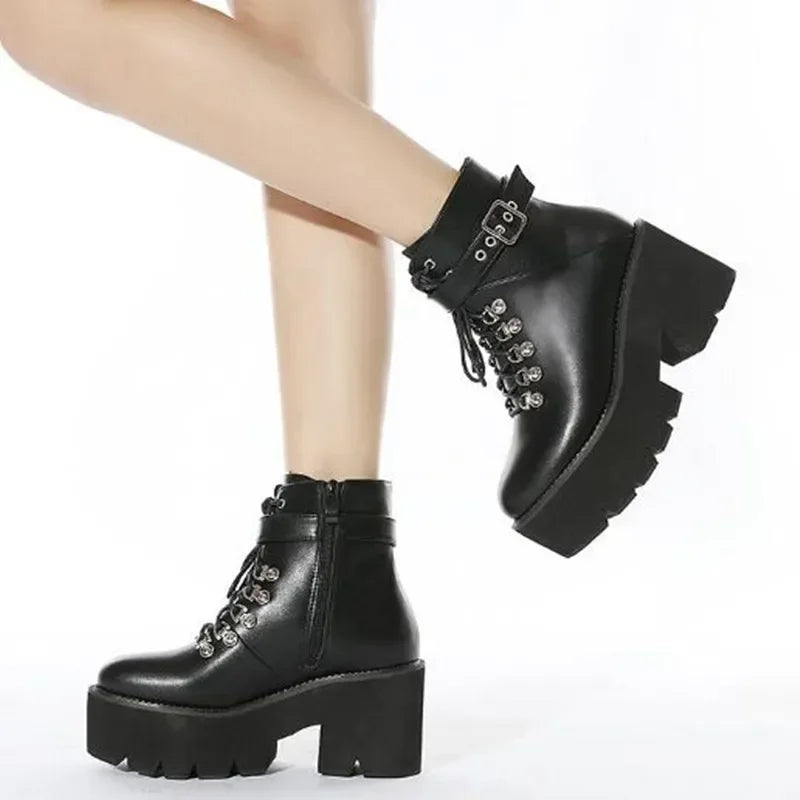 Chunky Heeled Punk Goth Ankle Motorcycle Boots