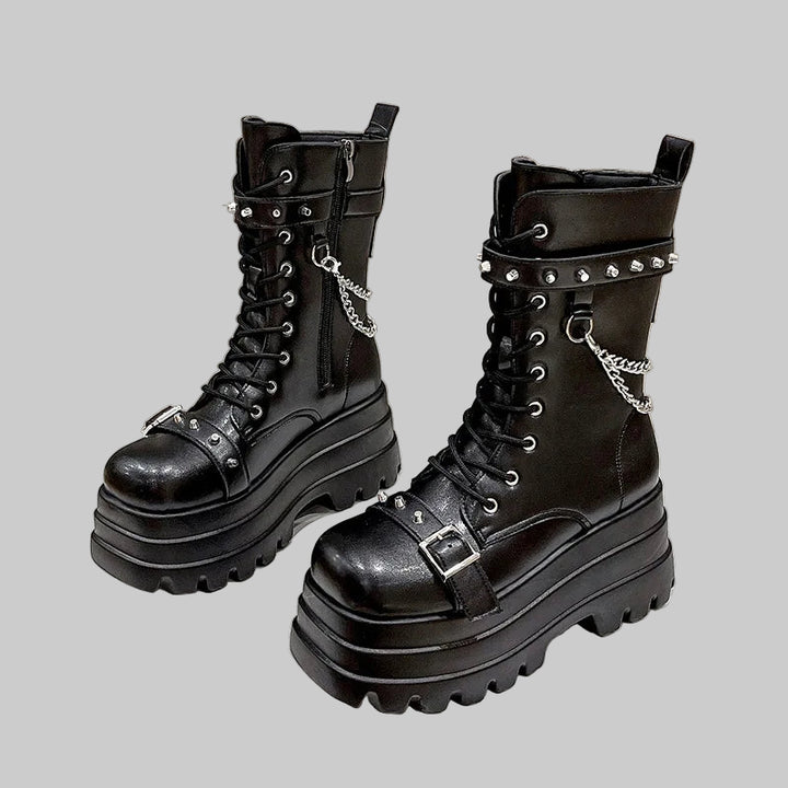 Thick Gothic Knee-High Platform Wedge Boots with Buckle