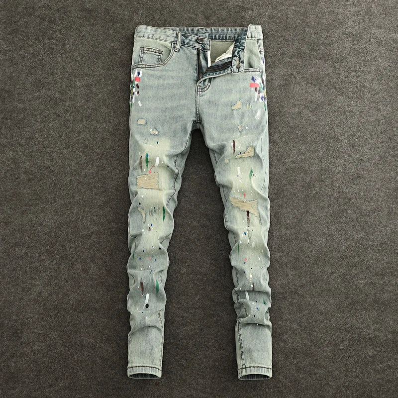 Retro Y2K Scratch-Painted Light Grey Jeans