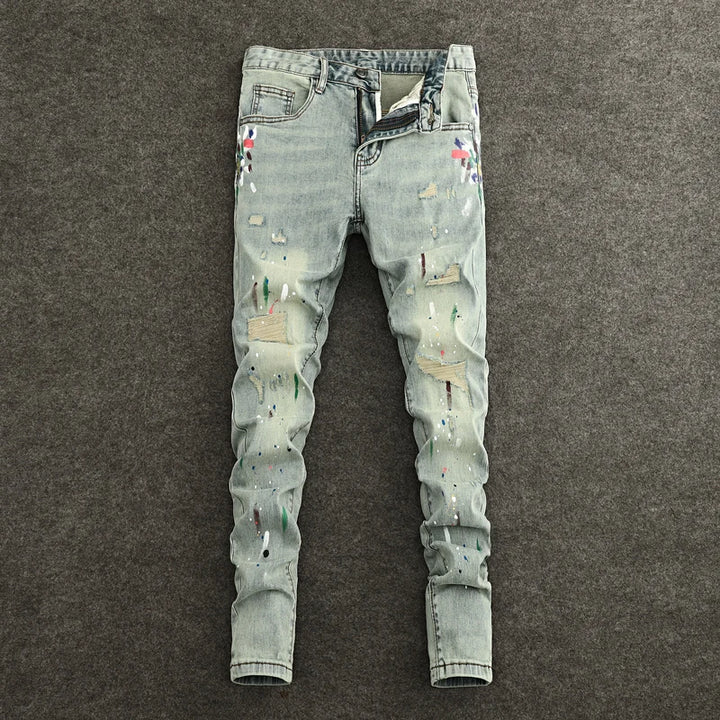 Retro Y2K Scratch-Painted Light Grey Jeans