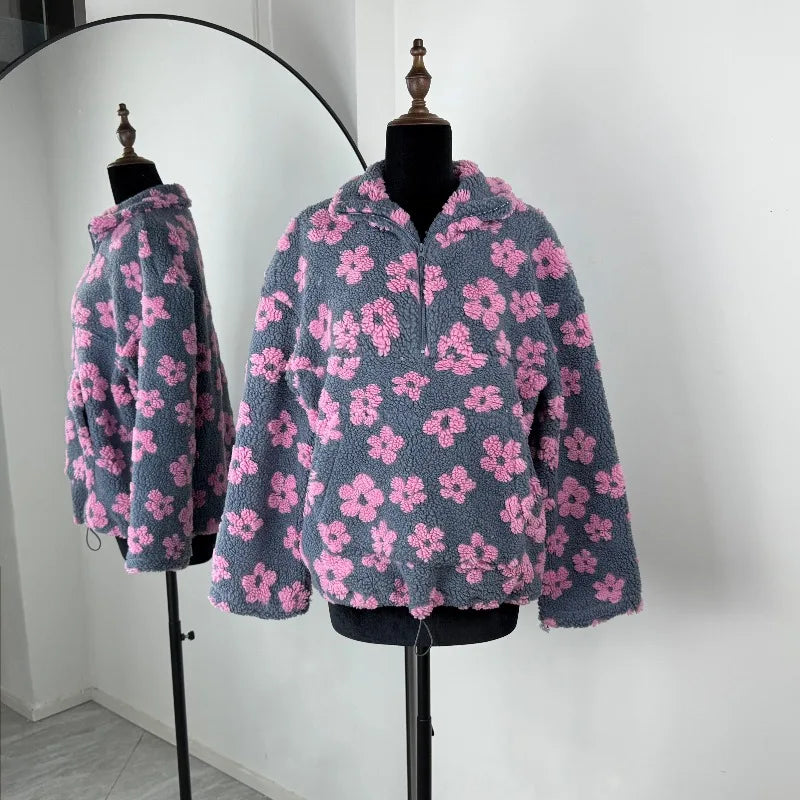 Floral Print Faux Lamb Wool Hoodie with Zipper Pocket