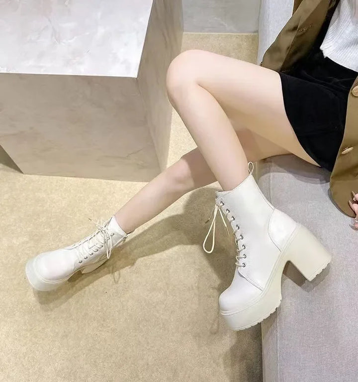 Soft Leather High Heel Waterproof Platform Boots