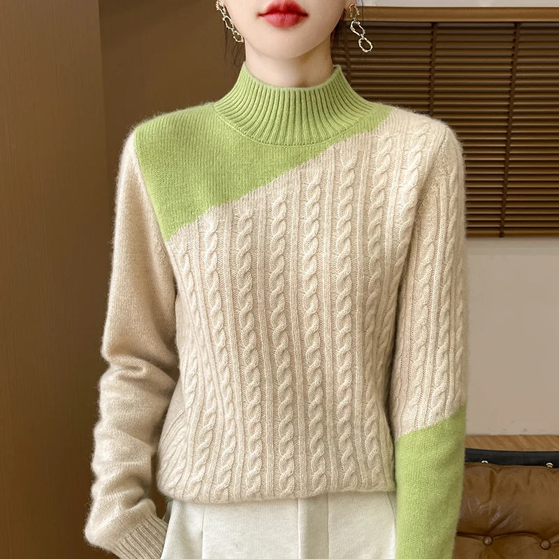 100% Merino Wool Color-Blocked Mock Neck Pullover Sweater
