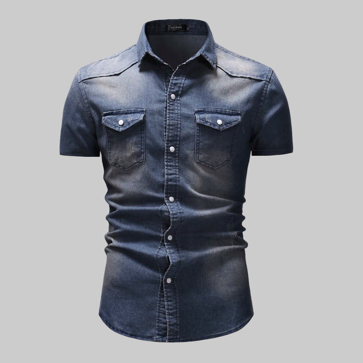Slim Fit Solid Color Short Sleeve Denim Shirt