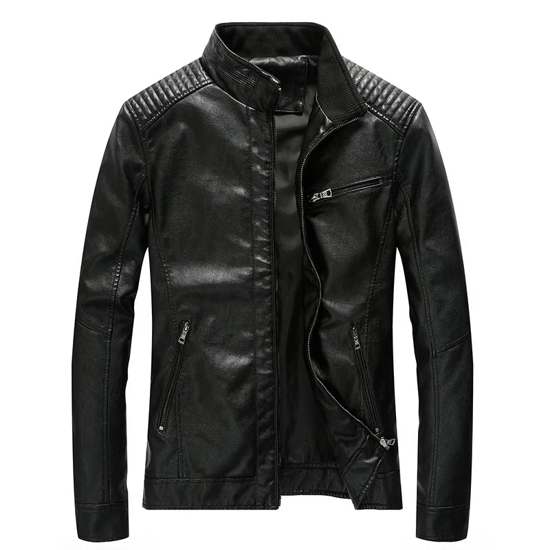 Slim Fit PU Leather Stand Collar Motorcycle Jacket