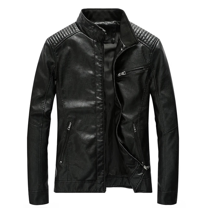 Slim Fit PU Leather Stand Collar Motorcycle Jacket
