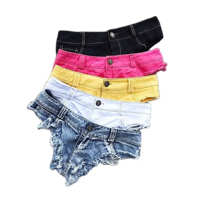 Sexy Thong Style Low-Waist Distressed Tassel Denim Shorts