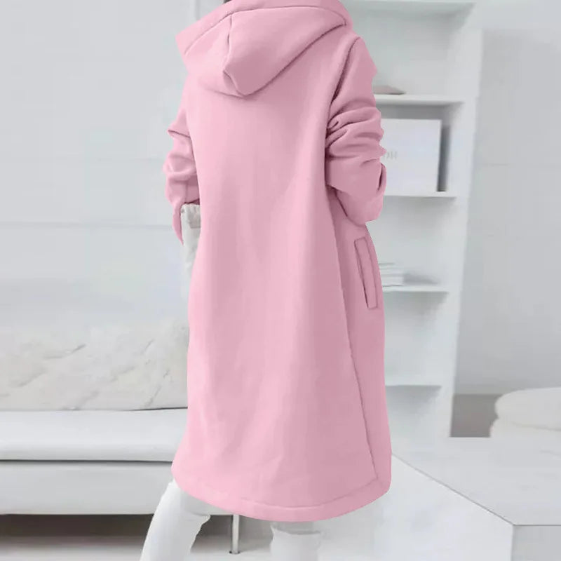 Long Hooded Zip-Up Solid Color Sweatshirt