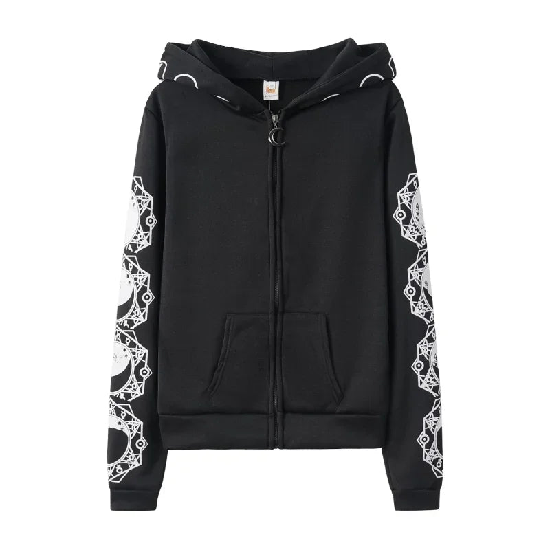 Gothic Punk Black Long-Sleeve Hoodie with Moon Print