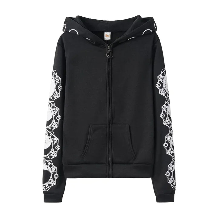 Gothic Punk Black Long-Sleeve Hoodie with Moon Print