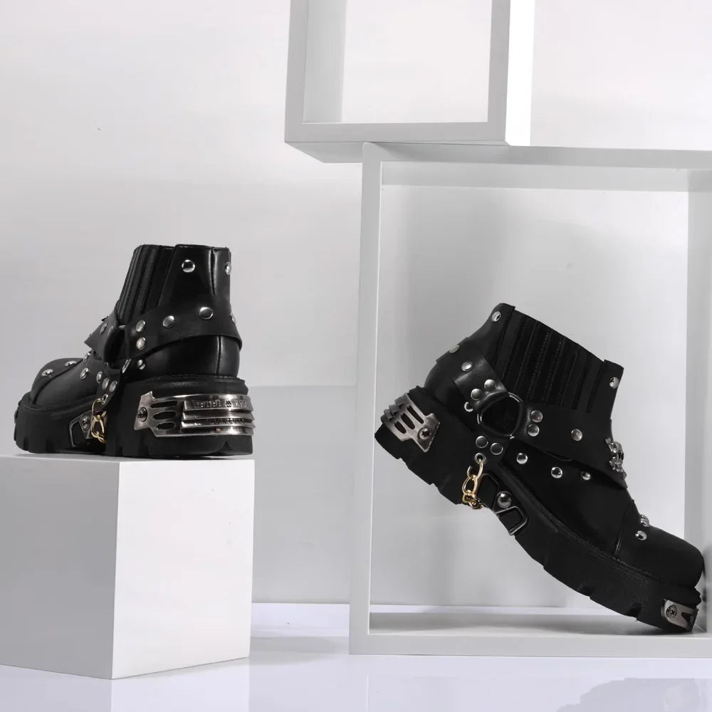 Genuine Leather Goth Skull Punk Motorcycle Boots