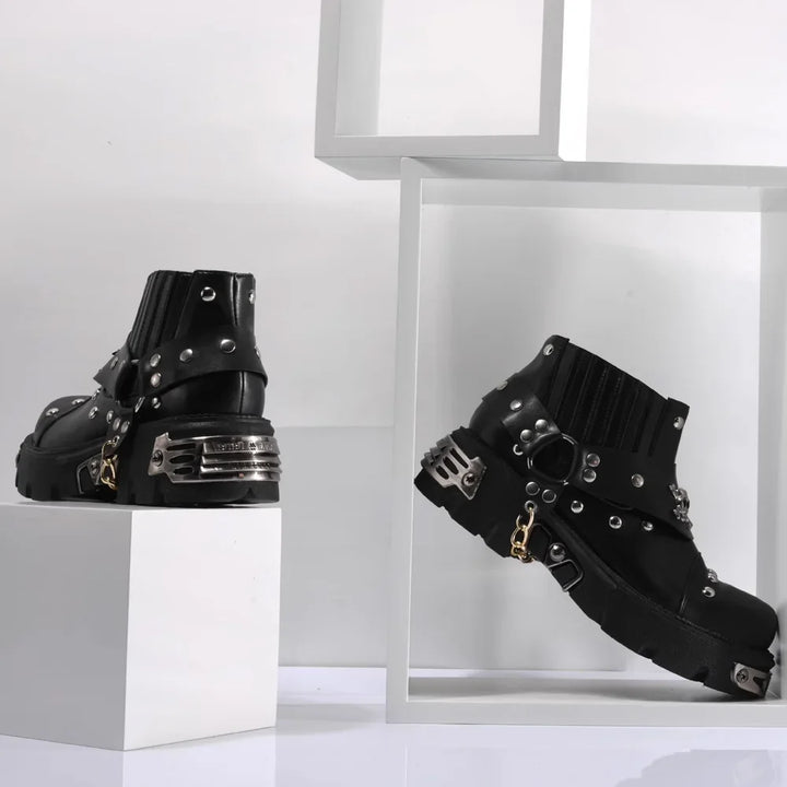 Genuine Leather Goth Skull Punk Motorcycle Boots