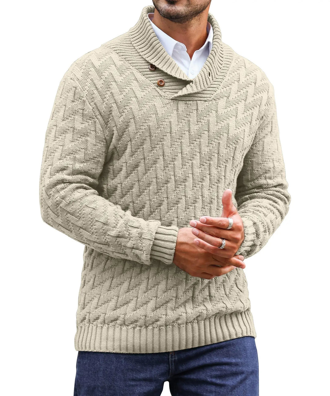 Shawl Collar Cable Knit Sweater