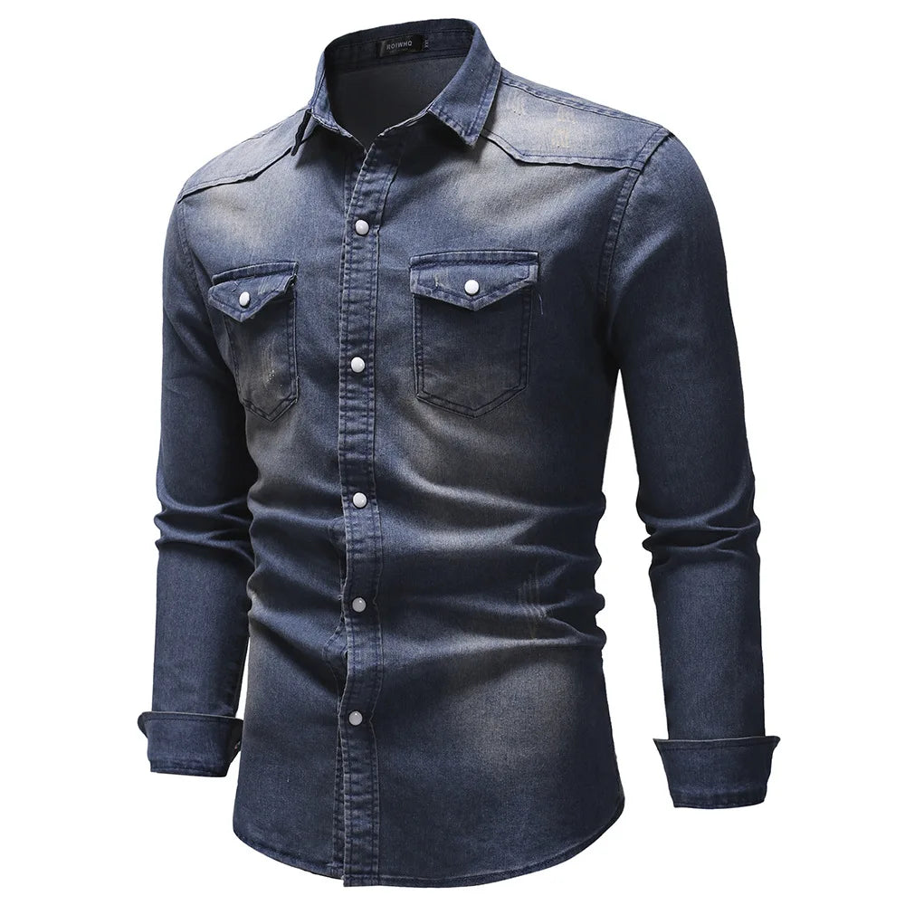 Slim Fit Solid Vintage Denim Shirts
