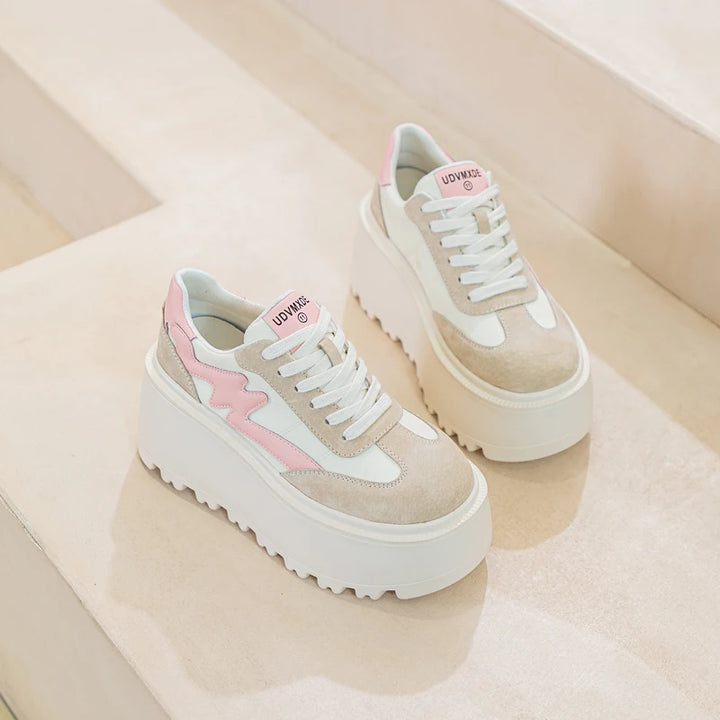 8cm Genuine Leather Platform Wedge Chunky Sneakers