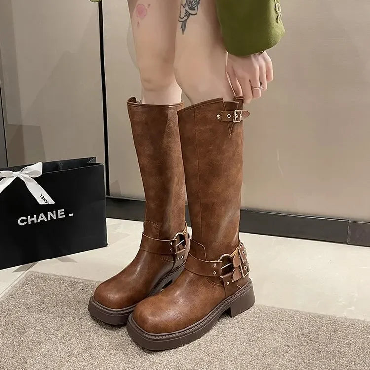 Retro Denim Long Tube Boots in Maillard Style