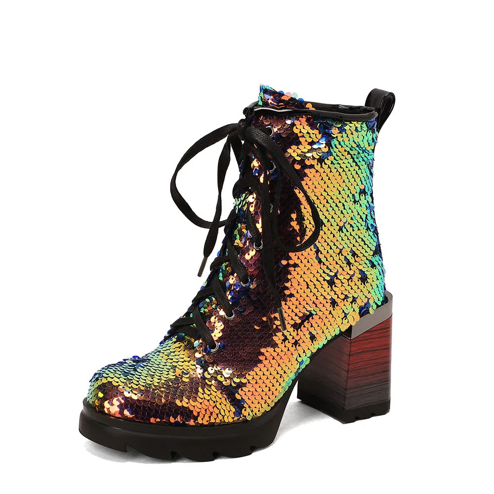 Chunky Lace-up Sequin Ankle Party Boots